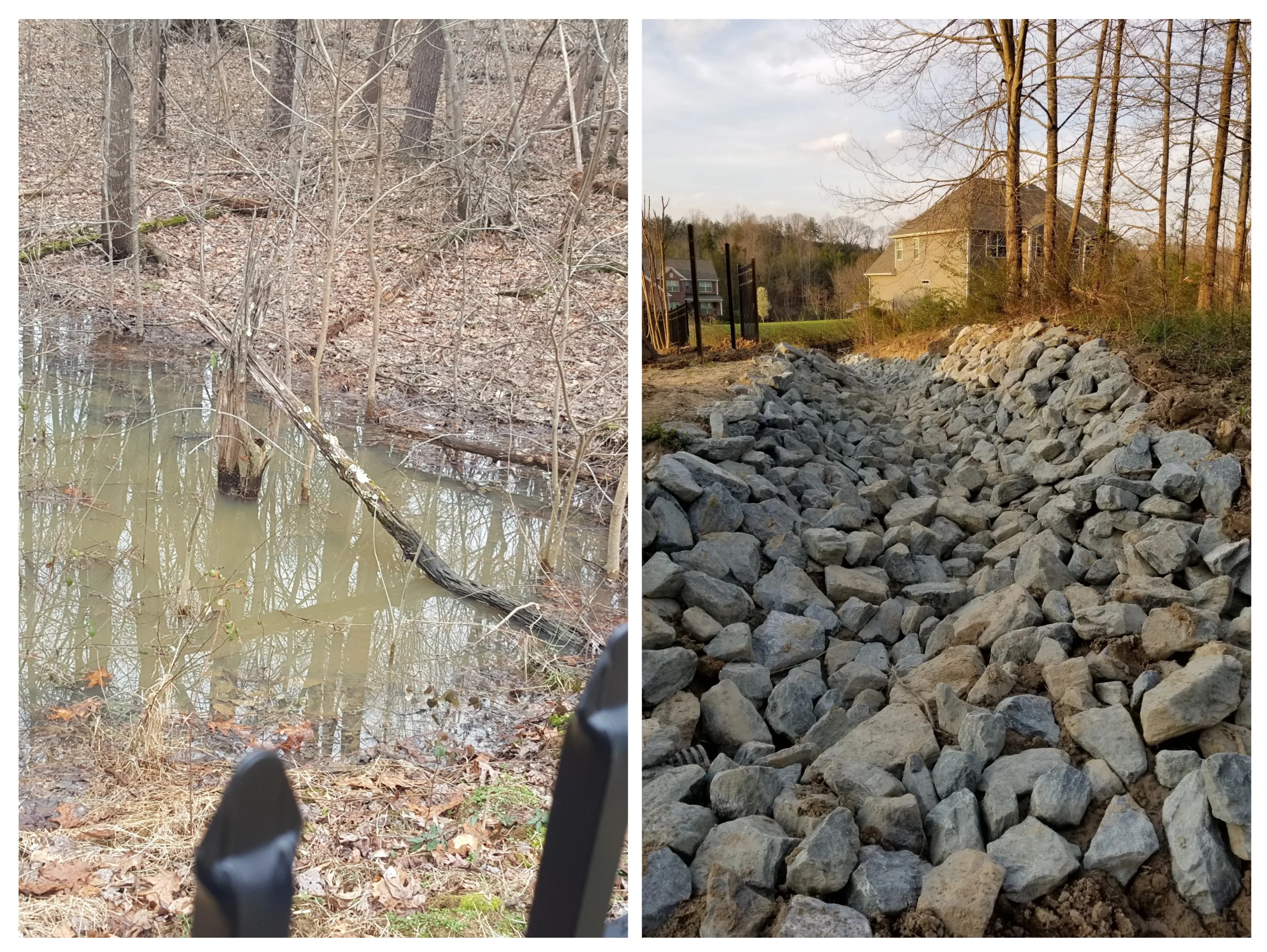 Before and after drainage stabilization with riprap